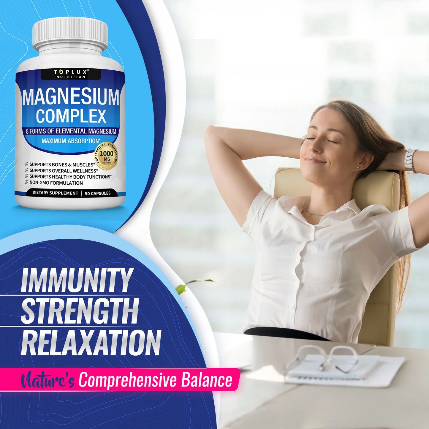 Unlock Restful Sleep with Toplux Magnesium Complex - 8 Essential Magnesium Forms, 1000mg Capsules