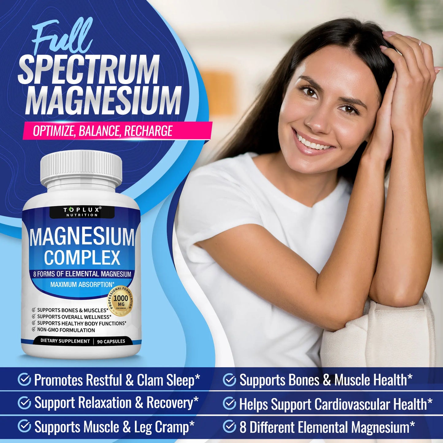 Unlock Restful Sleep with Toplux Magnesium Complex - 8 Essential Magnesium Forms, 1000mg Capsules