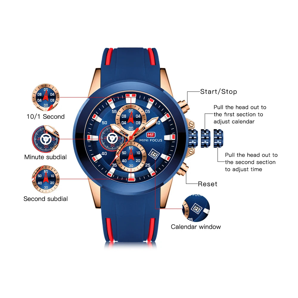 Elevate Your Style with the MINI FOCUS Luxury Chronograph Men's Watch – Waterproof Casual Sport Date Quartz Silicone Wristwatch