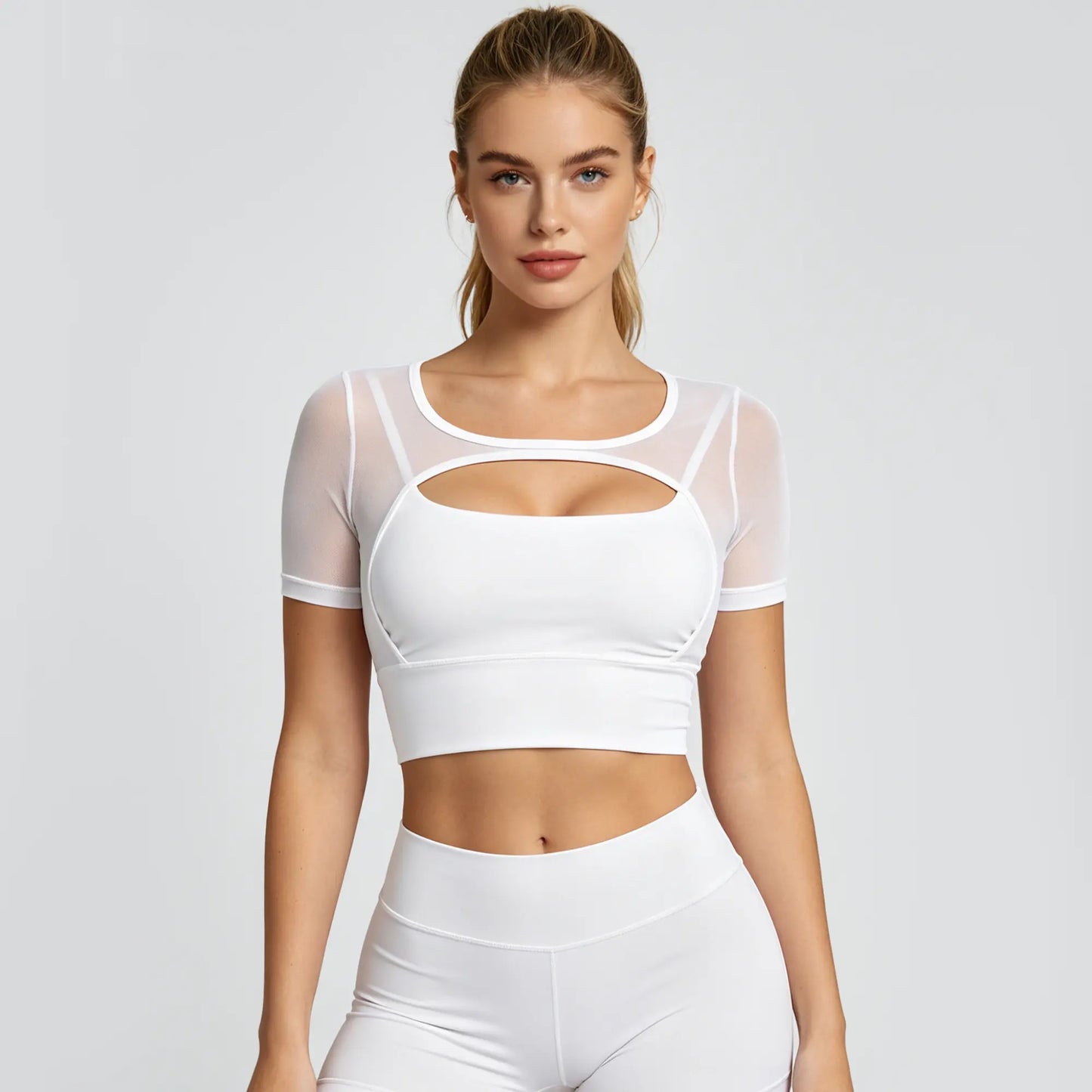 OQQ Women'S Mesh Short Sleeve Crop Top Built in Bra Workout Tops for Women Yoga Gym Athletic T-Shirts