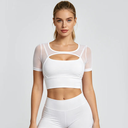 OQQ Women'S Mesh Short Sleeve Crop Top Built in Bra Workout Tops for Women Yoga Gym Athletic T-Shirts