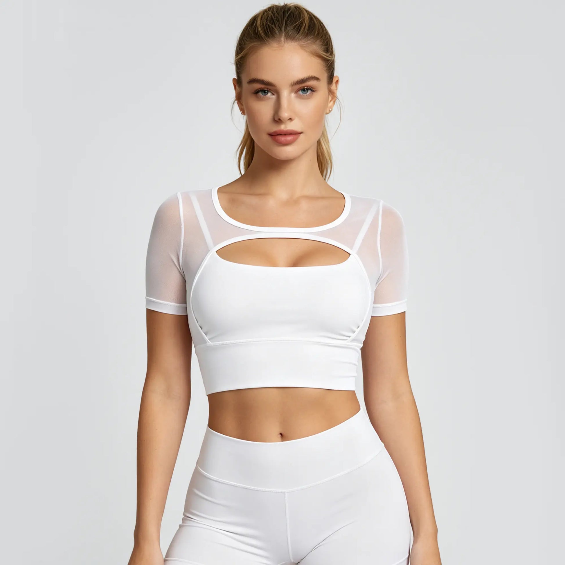 OQQ Women'S Mesh Short Sleeve Crop Top Built in Bra Workout Tops for Women Yoga Gym Athletic T-Shirts