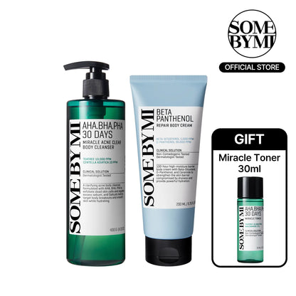 Korean Body Care Set - Gentle Exfoliating Body Wash for Acne-Prone Skin & Hydrating Daily Body Cream - Korean Skincare